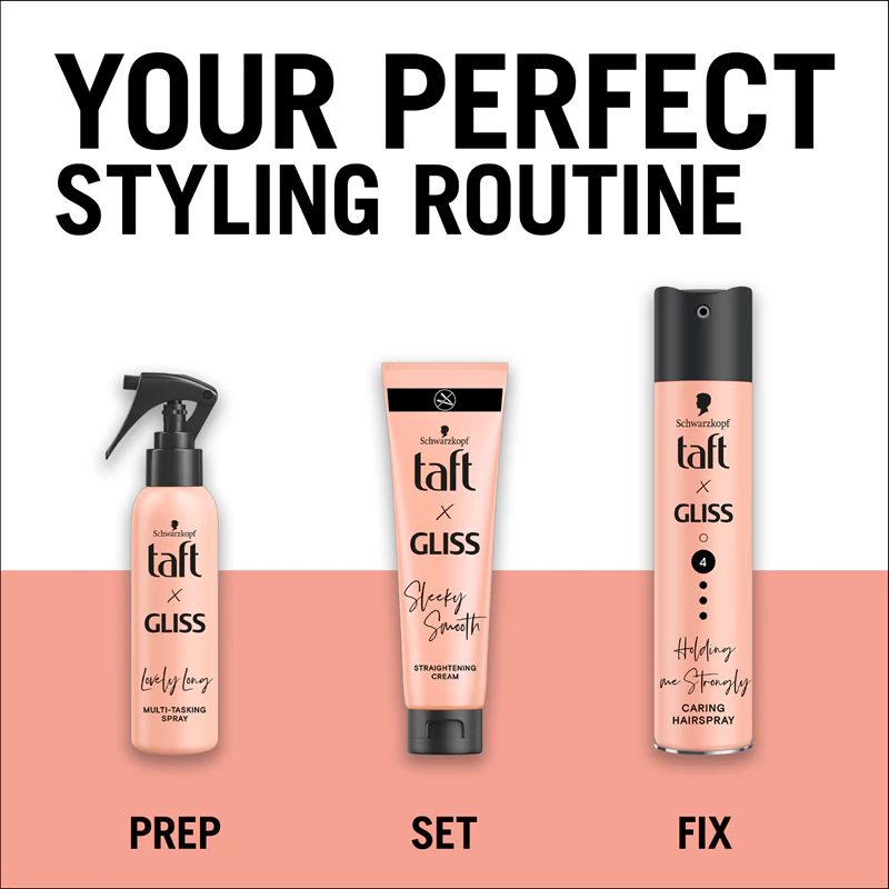 Spray de cabelo multifuncional Schwarzkopf Taft x Gliss contra altas temperaturas.