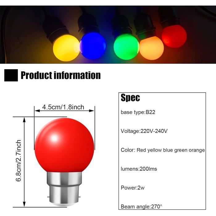 Ampoule LED Couleur B22 2W équivalente 20W, B22 Baïonnette Ampoules Guirlande Couleur LED Ampoules Multicolore - Lot de 20