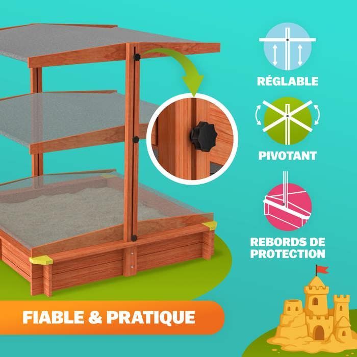 Spielwerk Bac à sable en bois d'épicéa SAMI 120x120cm toit réglable de protection UV jeu pour enfants extérieur jardin