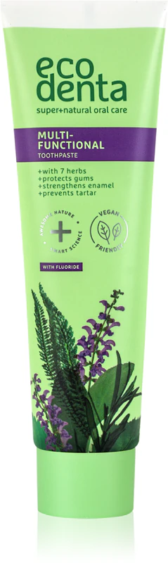 Pasta de dentes multifuncional Ecodenta Green com flúor para proteção dental completa.