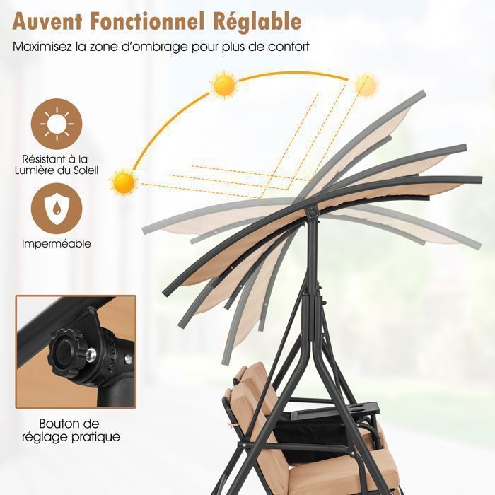 Columpio de jardín DREAMADE para 2 personas con bandeja, bolsa isotérmica de 23 litros, portavasos y 2 cojines para el asiento.