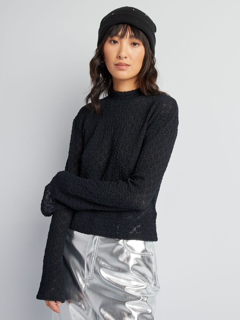 Stretch T-shirt van opengewerkt breisel met kant - zwart
