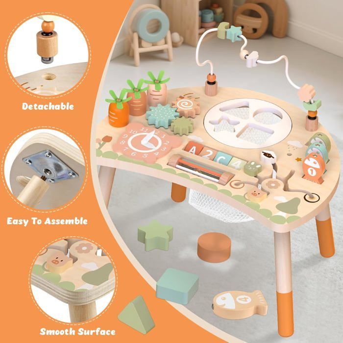 Table d'activités Montessori en bois - ZUUKO - 9 en 1 - Trieur de formes - Jeu de pêche - Labyrinthe de perles