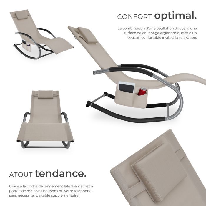 Chaise longue - TECTAKE - TAYA, sedia a sdraio ergonomica da giardino con funzione dondolo e braccioli curvi - Beige