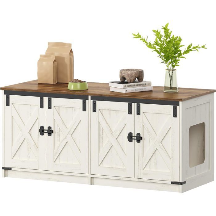 Casita para arenero de gatos, para 2 gatos, armario oculto para arenero, casita para gatos de interior, color marrón rústico y blanco.