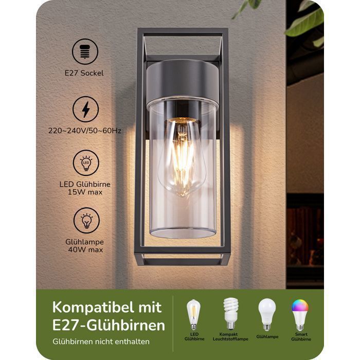 Aplique de pared EDISHINE para interior/exterior, gris oscuro, resistente al agua IP44, casquillo E27, requiere bombilla, iluminación de pared para exteriores.