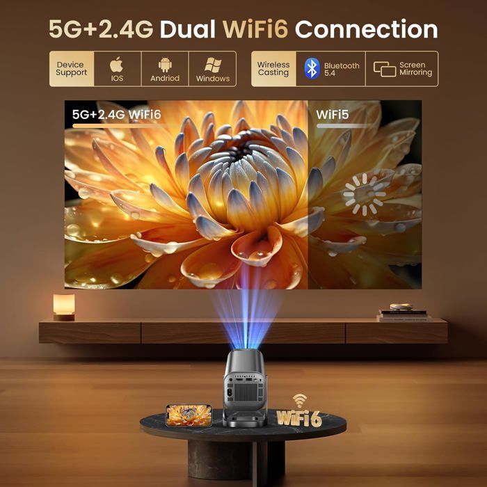 Vidéoprojecteur Mini Rétroprojecteur Projecteur Vidéo Portable 1080P 4K Wifi 6 Bt 5.4 Rotation 270° Trapézoïdale Automatique[XV68]