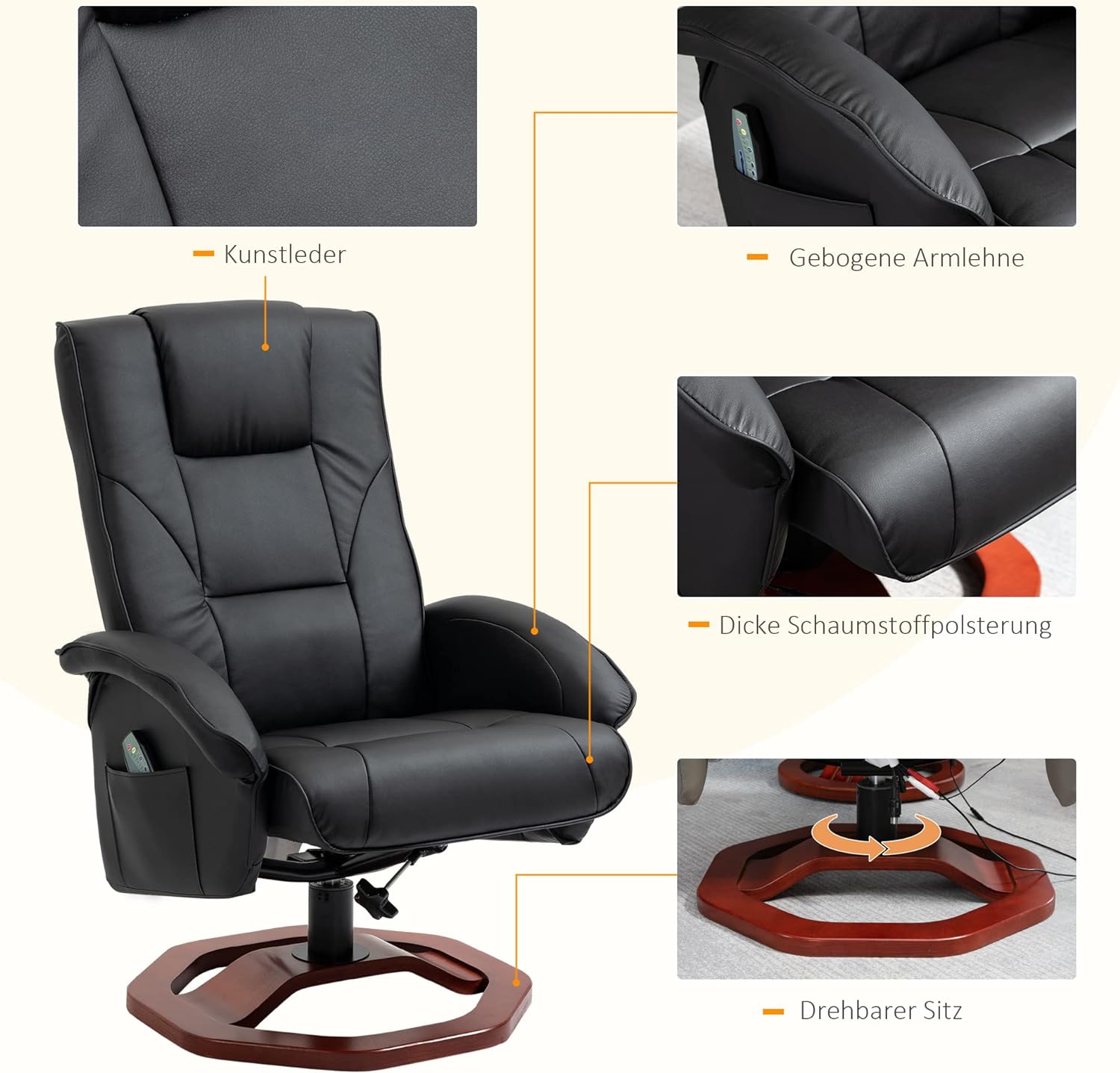 HOMCOM Massagesessel mit Fußstütze, Ruhefunktion, verstellbarer Rückenlehne mit Massagefunktion, 360° drehbar, Kunstleder, Stahl, Schwarz/Braun, 73 x 83 x 106 cm