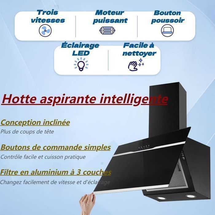 60 cm afzuigkap - Energieklasse A++ - 3 snelheden - Zwart glas - Schuine afzuigkap - Afzuigcapaciteit - 350 m³/u