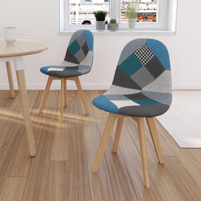 IDMARKET Lot de 2 chaises de salle à manger SARA scandinaves motifs patchworks bleus