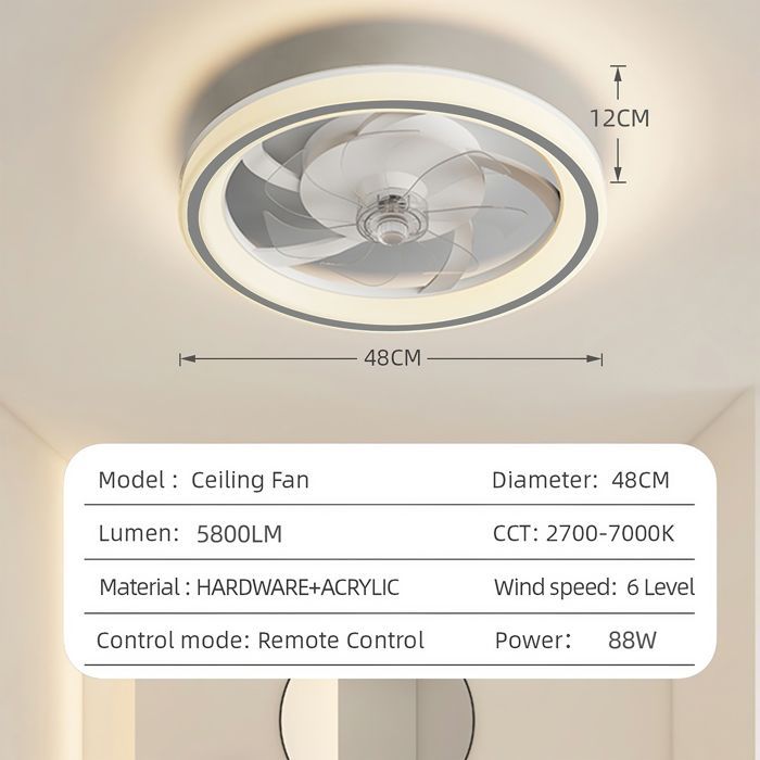 Ventilador de techo LED de 48 cm, 3 colores, regulable, silencioso, con 7 aspas y 6 velocidades.
