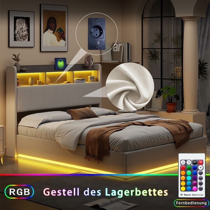 Cama doble con almacenamiento de 160 x 200 cm, base de láminas, estructura de cama, LED regulable, carga USB, blanca, terciopelo.
