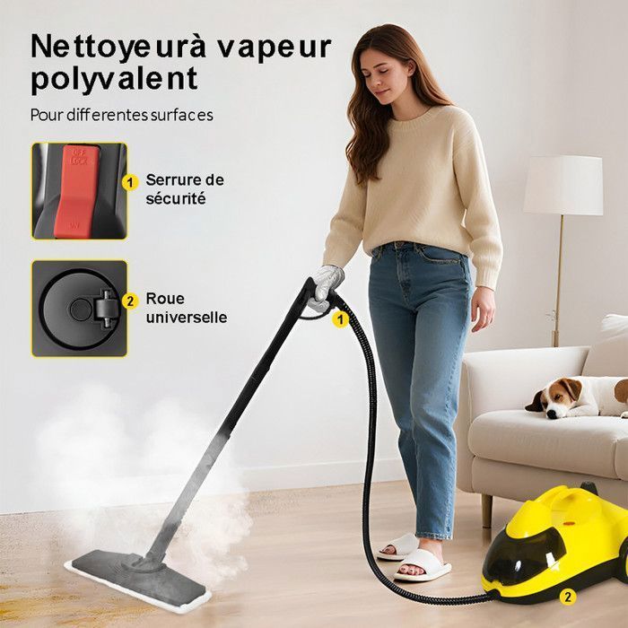 Nettoyeur Vapeur Puissant 2000W - Pression 5 Bars - Réservoir 2L - 14 Accessoires - Autonomie 40min - Jaune