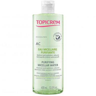 Agua micelar purificante Topicrem AC, limpiador y desmaquillante 3 en 1, 400 ml.