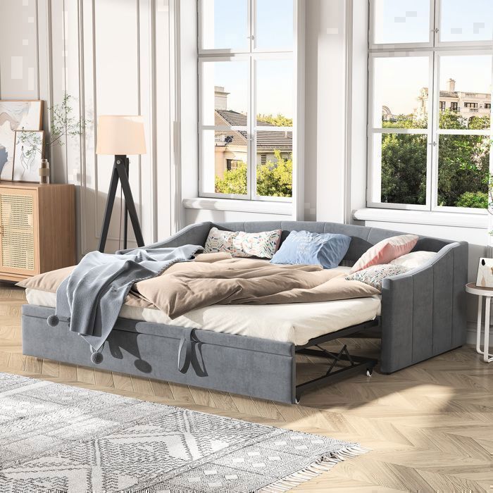 Canapé Lit Convertible 2 Places - Velours Gris Oeko-Tex - Mécanisme Clic-Clac - Dimensions 210x90cm