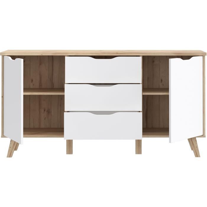 Aparador de 150 cm - VANKKA - Roble / Blanco mate - 2 puertas - 3 cajones