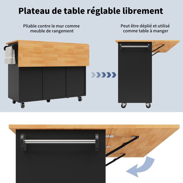 Îlot de cuisine moderne avec espace de rangement, buffet mobile, porte simple avec huit tiroirs, plan de travail rabattable, noir