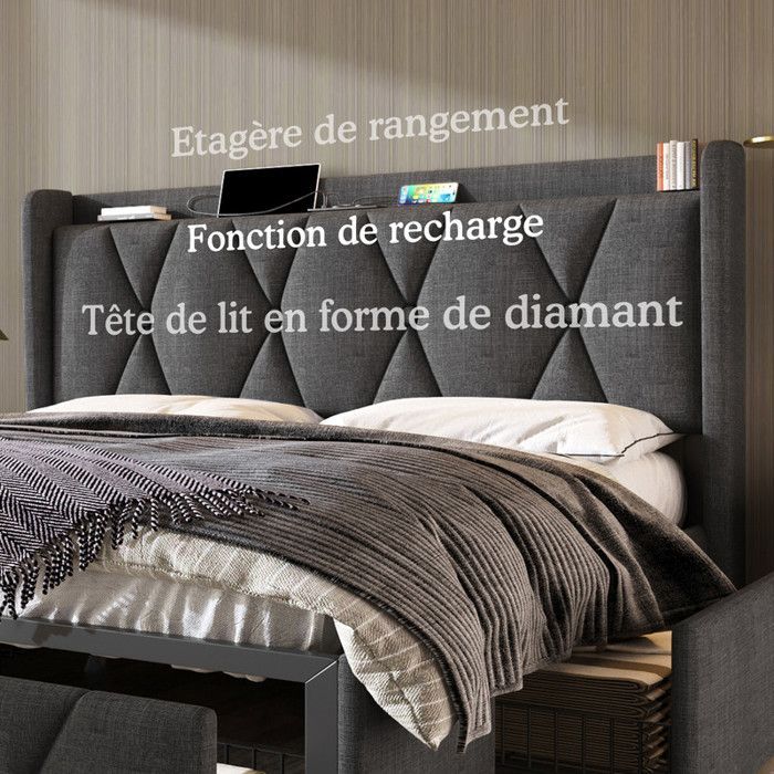 Double bed - Grey - 140x200cm - 4 drawers - USB charging ports - Slatted bed base