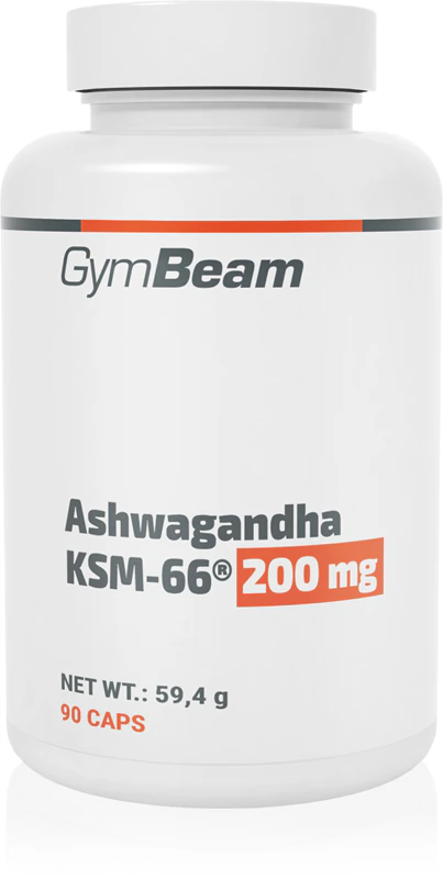 Cápsulas de suplemento alimentar GymBeam Ashwagandha KSM-66® para auxiliar na saúde física e mental.