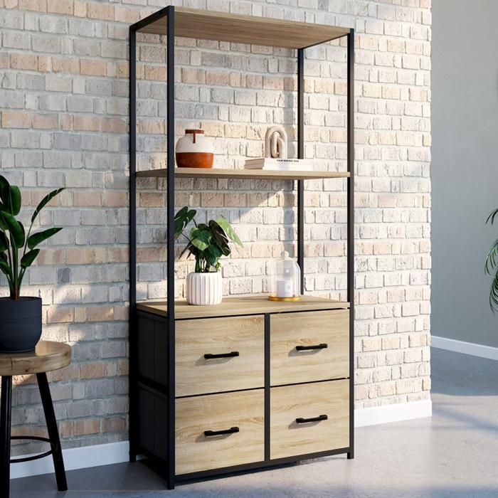 IDMARKET UTAH 3-Tier Shelving Unit with 4 Fabric Drawers, 120 cm, Industrial Design Storage Unit