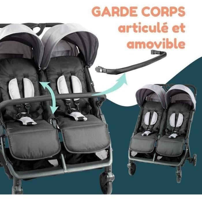 Bambisol - DS209 GRIGIO NERO - Passeggino doppio affiancato | Per gemelli dalla nascita, chiusura ultracompatta | Nero Grigio