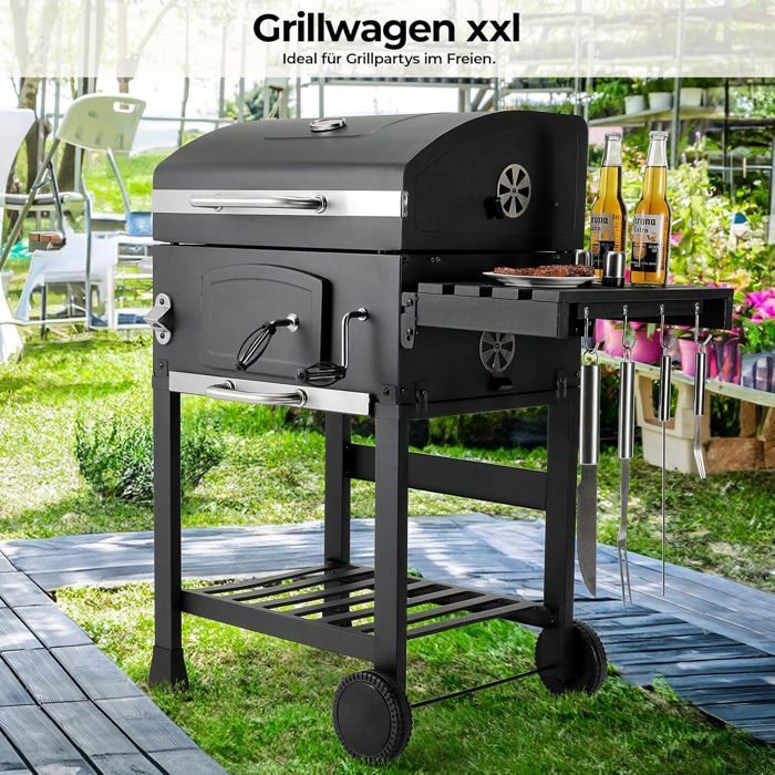 Barbecue Charbon de Bois XL,Grill à Charbon pour Camping et Jardin,BBQ Smoker,Réglable en Hauteur,avec Thermomètre et Roulettes