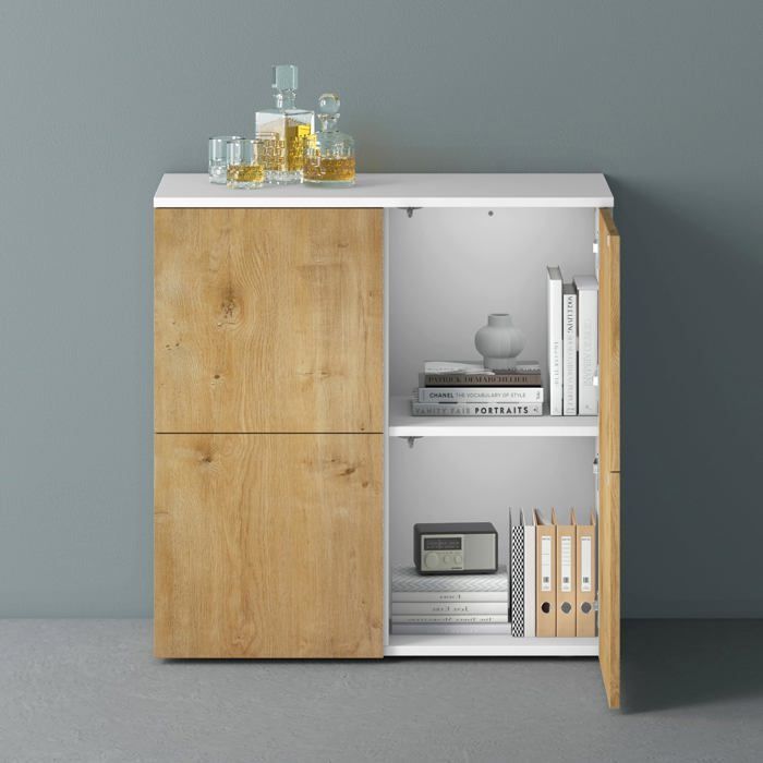 Mai & Mai Storage Unit with 4 Doors and 4 Compartments, Matte White + Light Brown, 76x36.4x74 cm, SR04