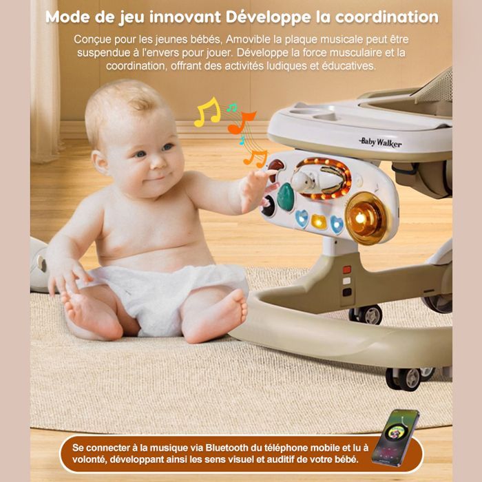 Andador convertible 2 en 1 para bebés - Altura y velocidad ajustables - Bandeja para comida, música Bluetooth, alfombra de juegos, juguete para empujar - 7-18 meses - Beige