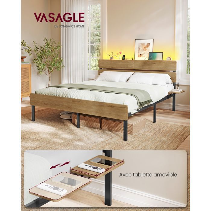 Struttura letto VASAGLE 160x200 - LED - USB - Contenitore - Stile industriale - Marrone naturale