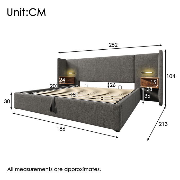 Lit rembourré double 180x200 cm avec dossier long, table de chevet, lampe de lecture, USB Type-C, coffre de rangement, lin, gris