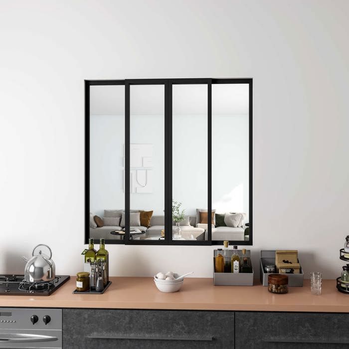 Verrière Atelier Coulissante en Alu Noir -  L123xH108cm- 4 Panneaux en 4mm Verre Trempé-  Séparation Élégante Cuisine / Salon