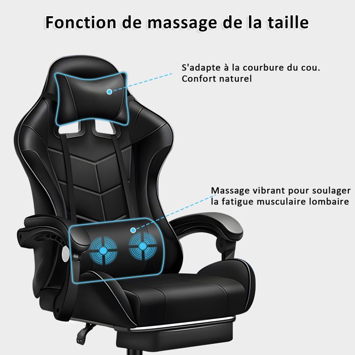 Sedia da gaming massaggiante, sedia da gamer con supporto lombare massaggiante, poggiatesta, altezza regolabile, schienale reclinabile a 135° -