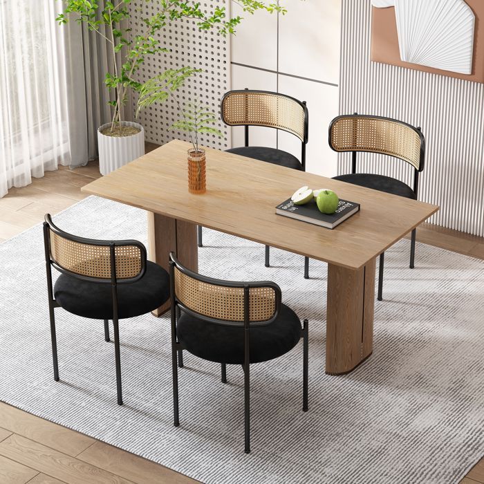MODFU Set of 2 velvet and rattan dining chairs with metal legs. Modern and simple for the living room. Black