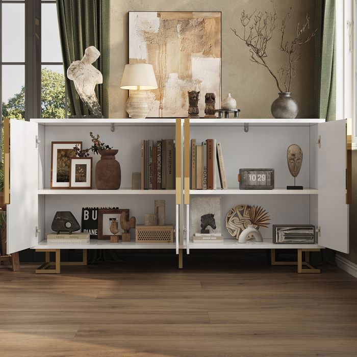 Aparador de comedor de 152 cm - 2 puertas y 4 compartimentos de almacenamiento - Antivuelco - Diseño geométrico 3D - Blanco Aparador de salón