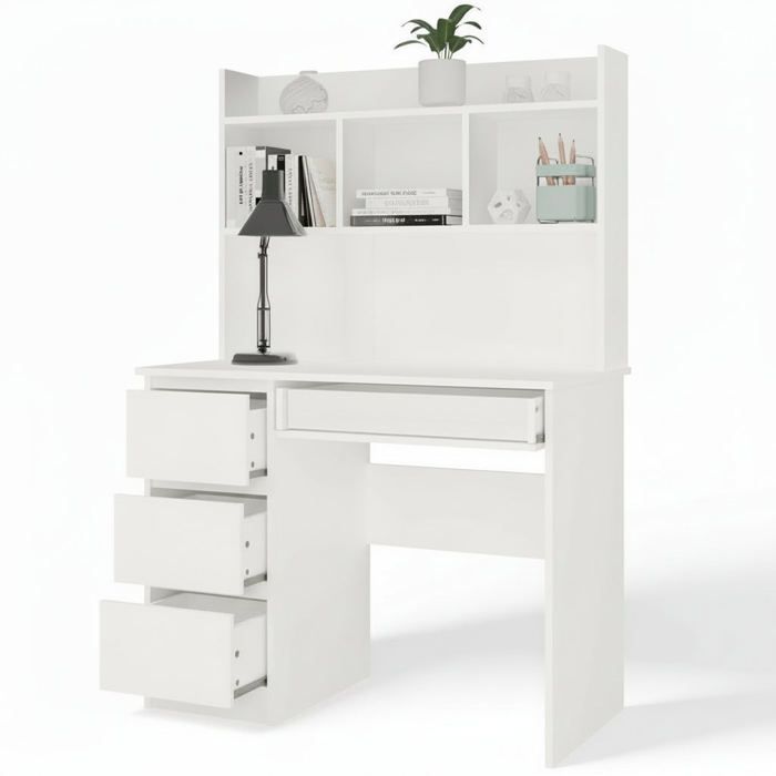 Bureau 4 tiroirs avec surélévation 4 étagères blanc 146x51x98 cm