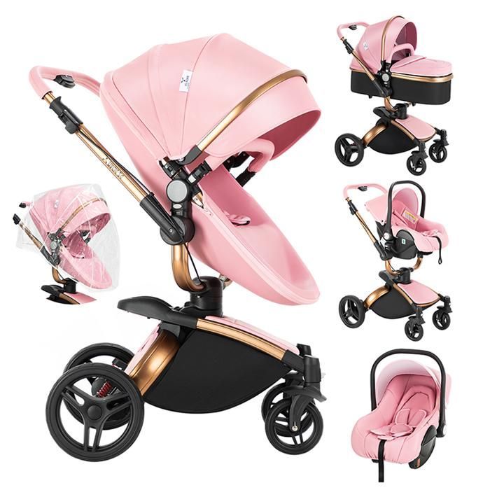 Passeggino Magic ZC 3 in 1, sistema da viaggio 3 in 1, passeggino di lusso, in similpelle, rotazione a 360°, posizione orizzontale alta, fino a 15 kg, rosa