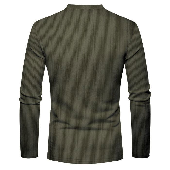 T-shirt da uomo a maniche lunghe in velluto a coste, vestibilità slim, scollo Henley, tinta unita, comoda - Taglia UE - Verde militare