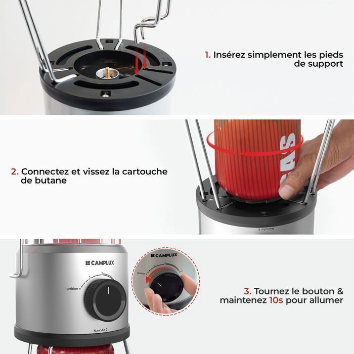 Calentador de gas portátil CAMPLUX NanoAir 2 con protección antiopacidad y contra vuelcos, 2,34 kW, 28-30 mbar, para camping y actividades al aire libre.