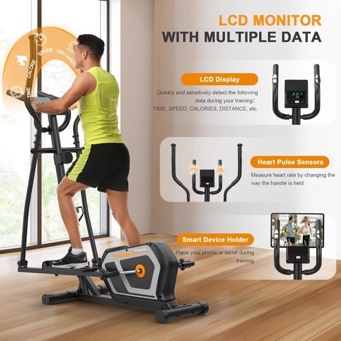 Elíptico 3 em 1, silencioso, 16 níveis de resistência, capacidade máxima de 130 kg, visor LCD, aplicativo, ideal para exercícios cardiovasculares em casa, preto/laranja