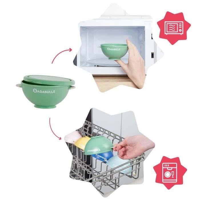 BADABULLE Lot de 5 bols bébé antidérapants 330ml, couvercles hermétiques + 3 cuillères souples 1er âge, compatibles micro-ondes