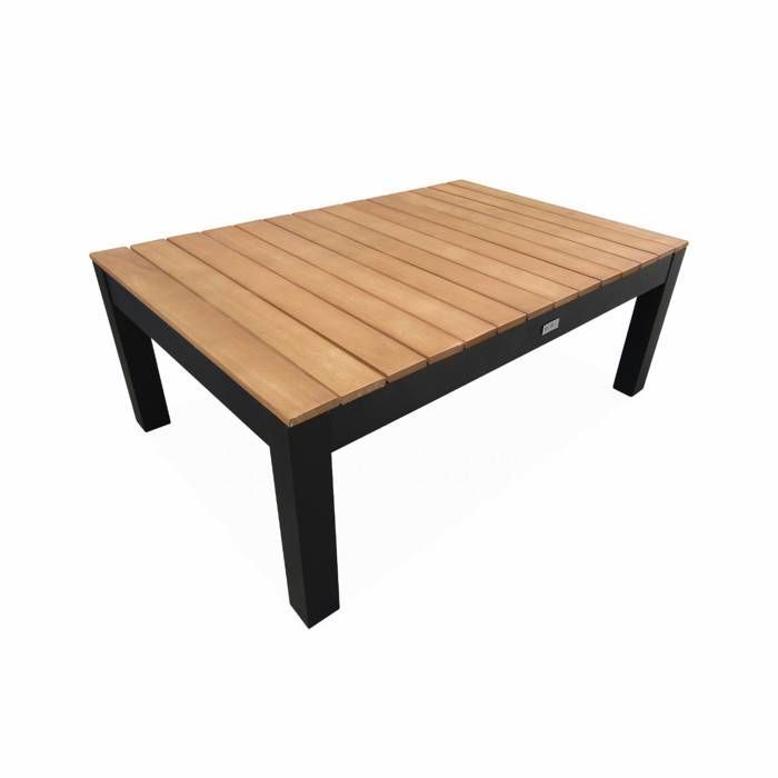 Conjunto de muebles de jardín de 5 plazas en aluminio y eucalipto – NAZCA – Estructura negra. Cojines gris oscuro.