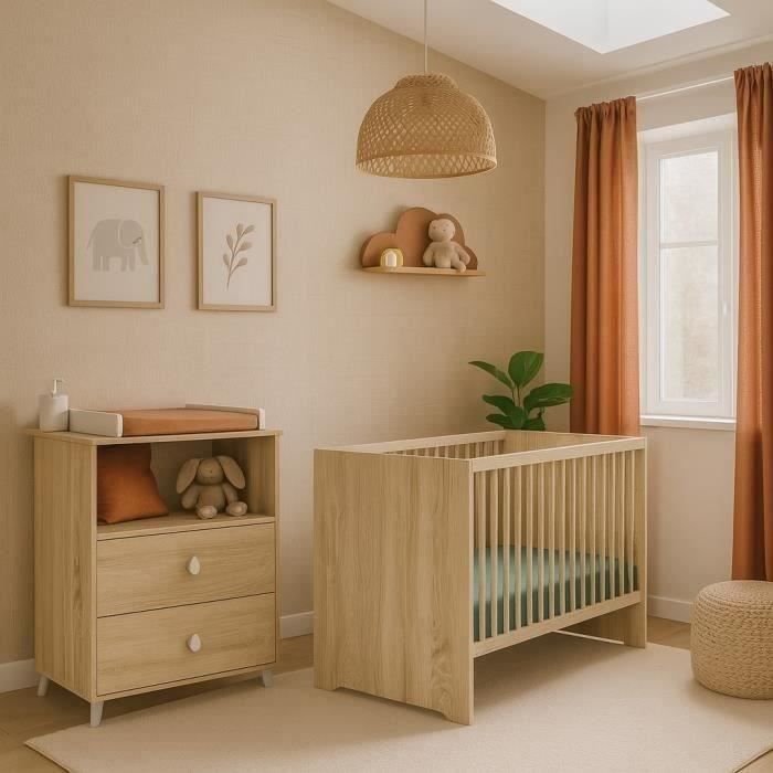 Conjunto de cuna y cambiador MONTANA Baby Room Duo - 120x60 cm + cambiador de 2 cajones con acabado en roble dorado - SAUTHON