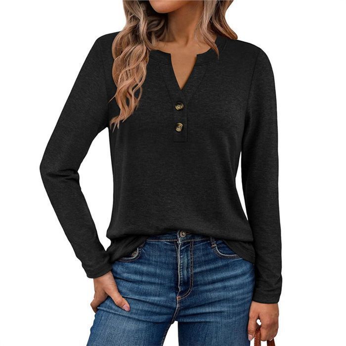 T-shirt da donna a maniche lunghe, primavera, scollo a V, casual, nera