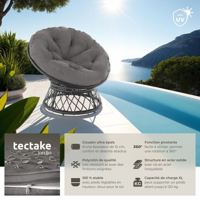 Poltrona da giardino - TECTAKE - GARGANO, seduta relax da esterno in rattan con robusto e comodo cuscino rotondo - Marrone