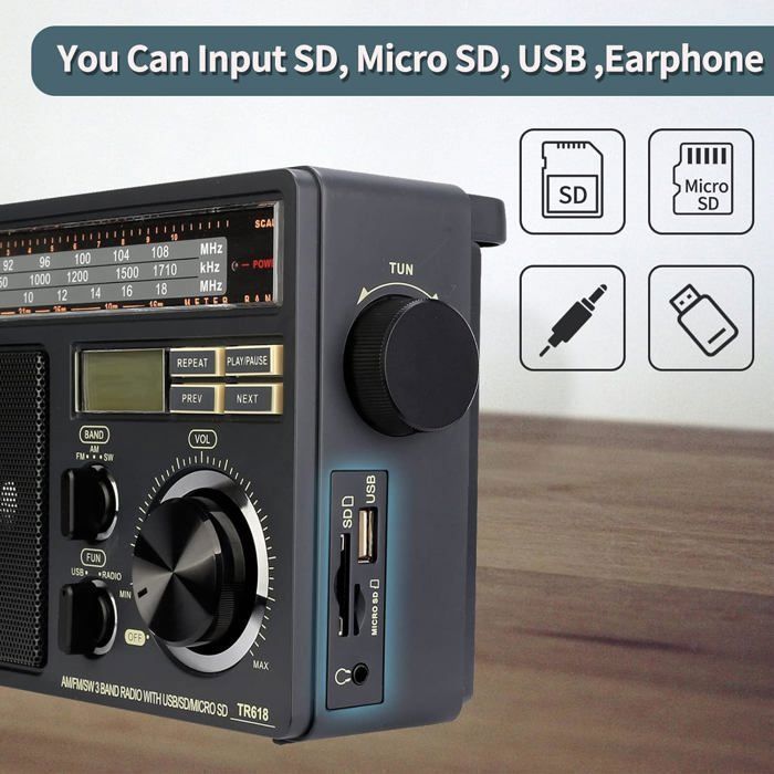 Retekess TR618 draagbare radio, werkt op batterijen en netstroom, FM AM SW transistor, MP3-speler met USB-, SD- en TF-kaartsleuven, hoofdtelefoonaansluiting (grijs)