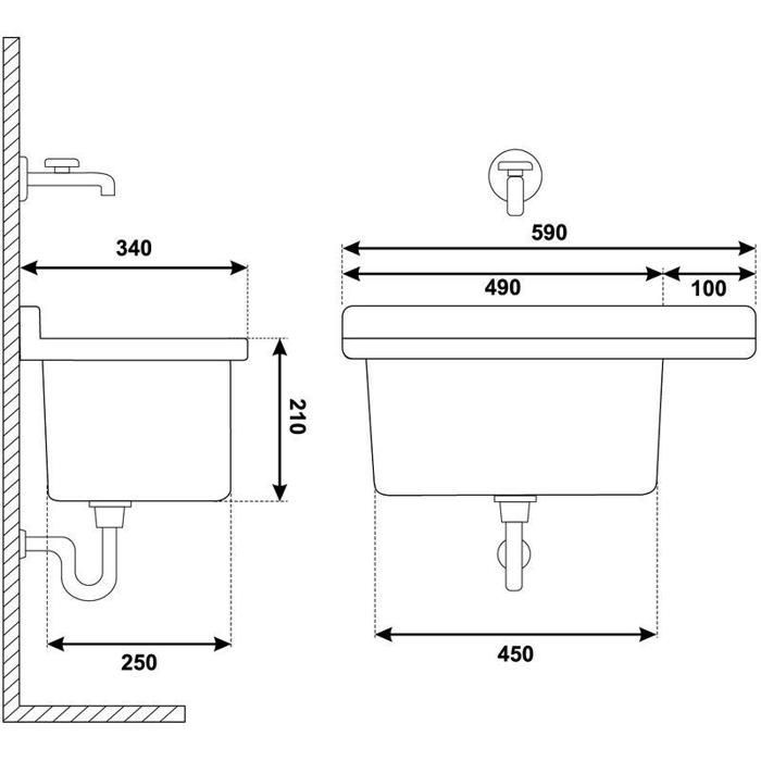 Grijze PP-wandspoelbak van 60 cm – kom van 45x25x21 cm – RVS afvoerfitting + overloop – sifon + bevestigingsmateriaal inbegrepen