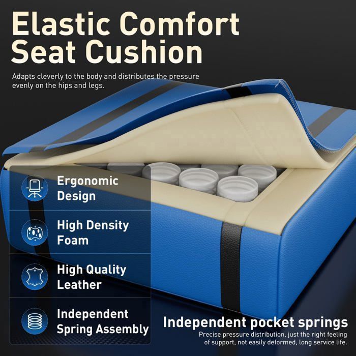 ECOFURNIX Fauteuil de Bureau Massant, Fauteuil Gaming Réglable avec Coussin de Massage Lombaire et Repose-Pieds, Noir et Bleu