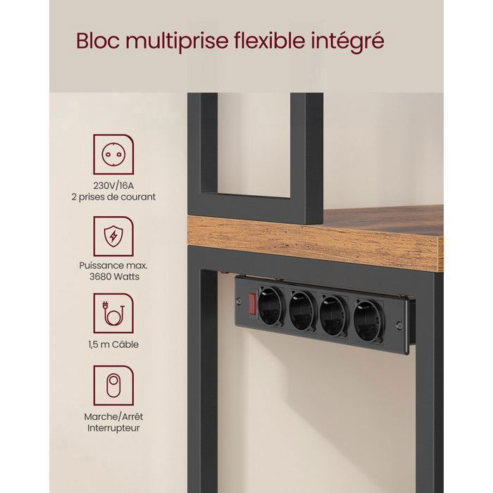 Kitchen Trolley with Power Strip, 8 Hooks, 40 x 60 x 170 cm, Rustic Brown and Ink Black