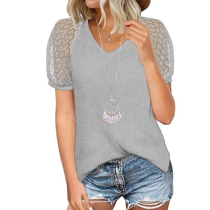 Tee shirt Femme en Dentelle - LEOCLOTHO - Gris - Manches Courtes - Col V - Coupe Ajustée