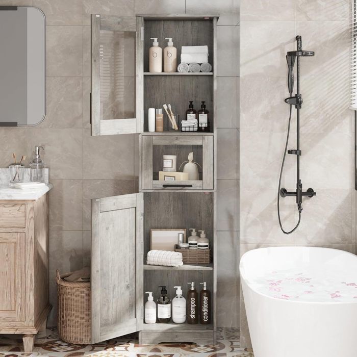 Bathroom Column - PROMIRACAL - 2 Doors - Adjustable Shelves - 40 x 30 x 170 cm - Grey